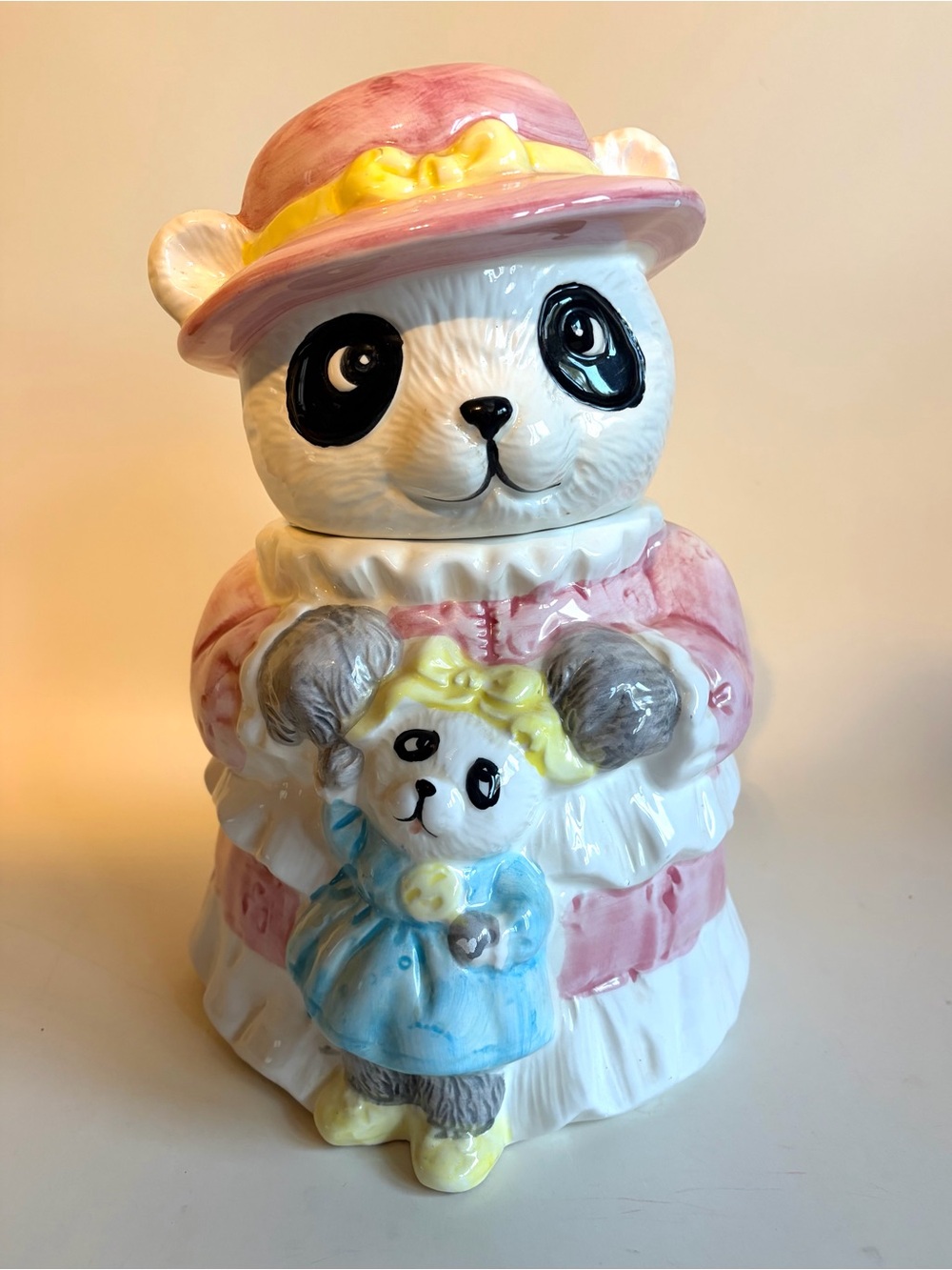 Vintage Anthropomorphic Panda Cookie Jar Mom & Baby Ceramic Hand Painted